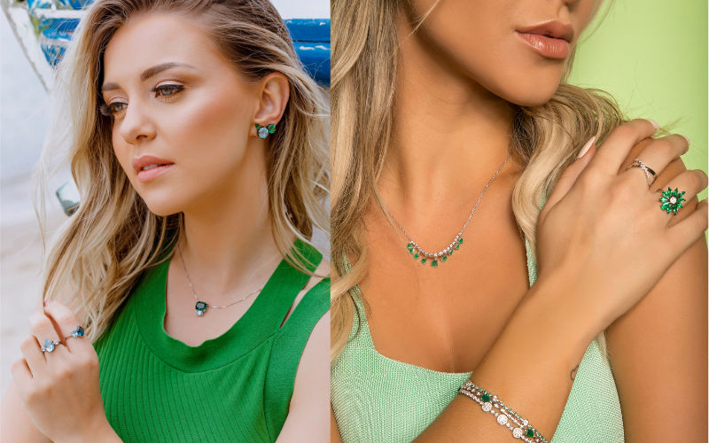 Colagem de fotos de mulheres usando colares e anéis com pedrarias em verde
