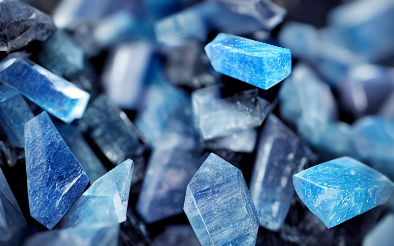 Vista de frente de pedras semipreciosas em azul chamadas de cianita 